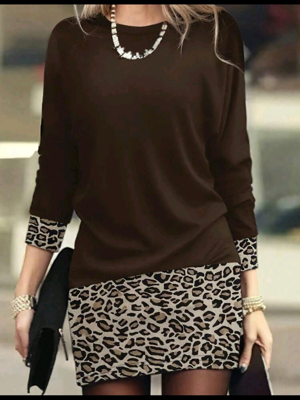 Brown Long Sleeve Leopard Trim Tunic Dress